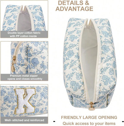 Gleyemor Personalized Initial Makeup Bag For Women, Cute Quilted Blue Floral Cotton Cosmetic Bag, Christmas Gifts For Her Mom Friend Sister Bridesmaid Teacher Women K