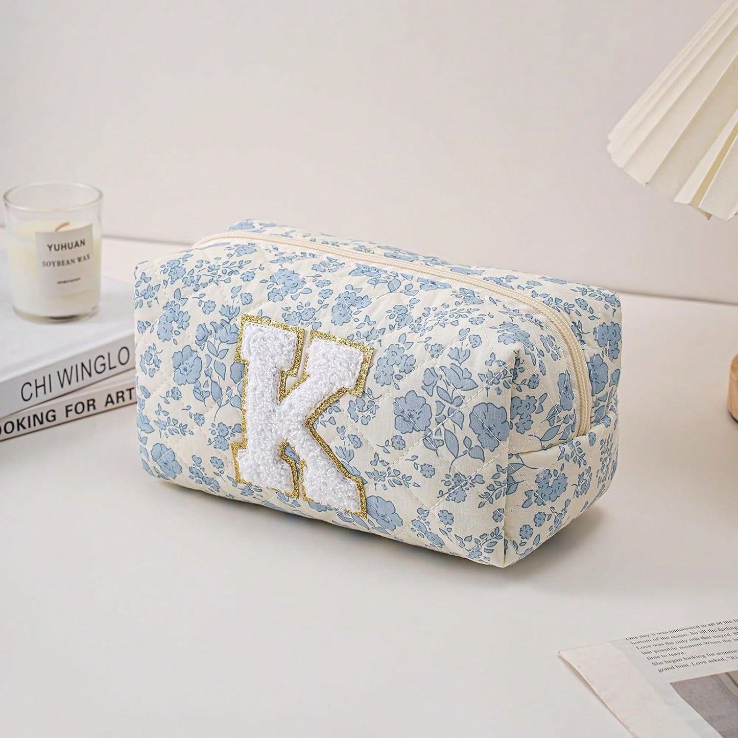 Gleyemor Personalized Initial Makeup Bag For Women, Cute Quilted Blue Floral Cotton Cosmetic Bag, Christmas Gifts For Her Mom Friend Sister Bridesmaid Teacher Women K