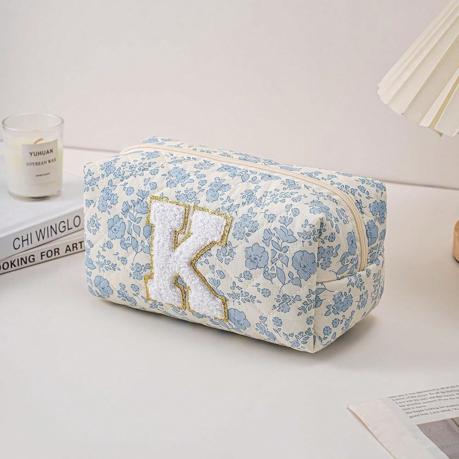 Gleyemor Personalized Initial Makeup Bag For Women, Cute Quilted Blue Floral Cotton Cosmetic Bag, Christmas Gifts For Her Mom Friend Sister Bridesmaid Teacher Women K