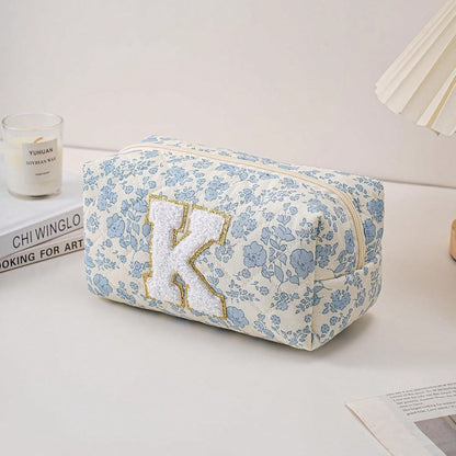 Gleyemor Personalized Initial Makeup Bag For Women, Cute Quilted Blue Floral Cotton Cosmetic Bag, Christmas Gifts For Her Mom Friend Sister Bridesmaid Teacher Women K