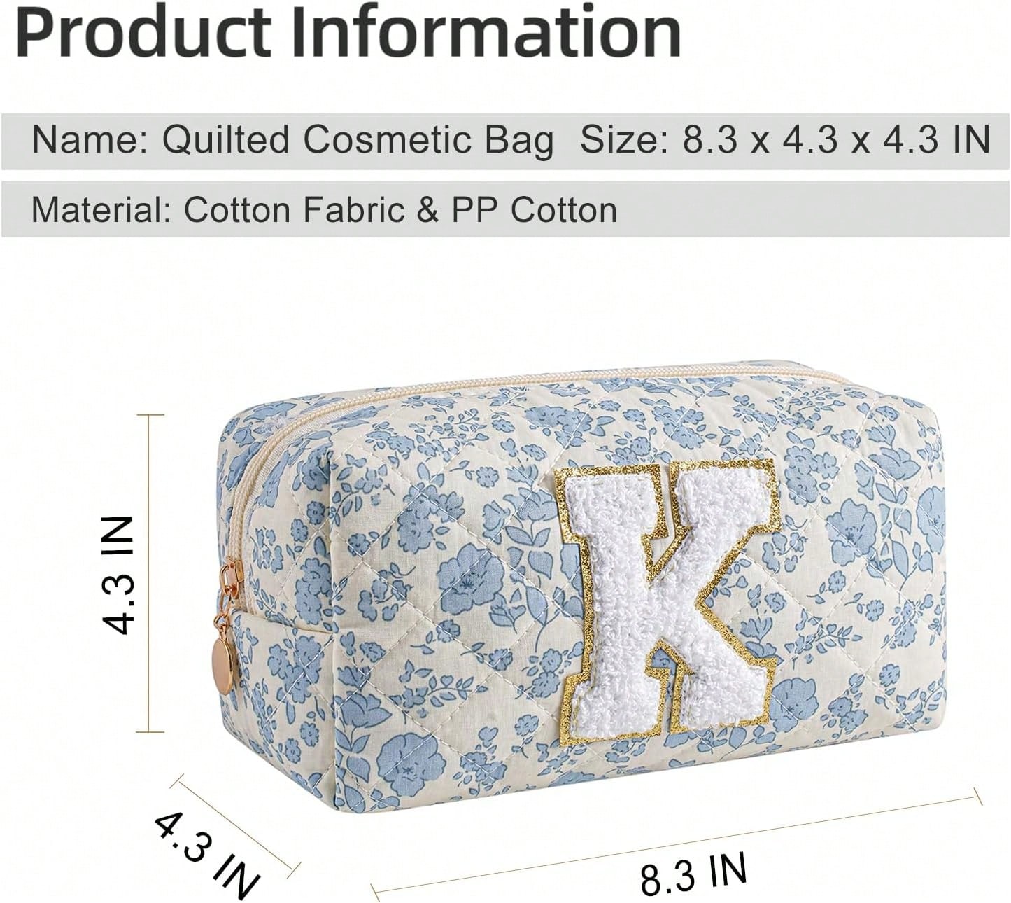 Gleyemor Personalized Initial Makeup Bag For Women, Cute Quilted Blue Floral Cotton Cosmetic Bag, Christmas Gifts For Her Mom Friend Sister Bridesmaid Teacher Women K