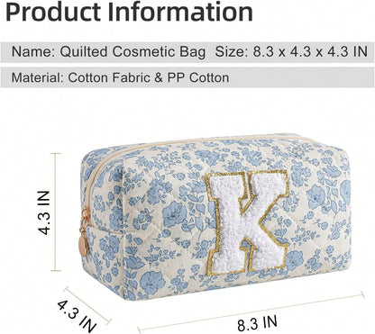 Gleyemor Personalized Initial Makeup Bag For Women, Cute Quilted Blue Floral Cotton Cosmetic Bag, Christmas Gifts For Her Mom Friend Sister Bridesmaid Teacher Women K