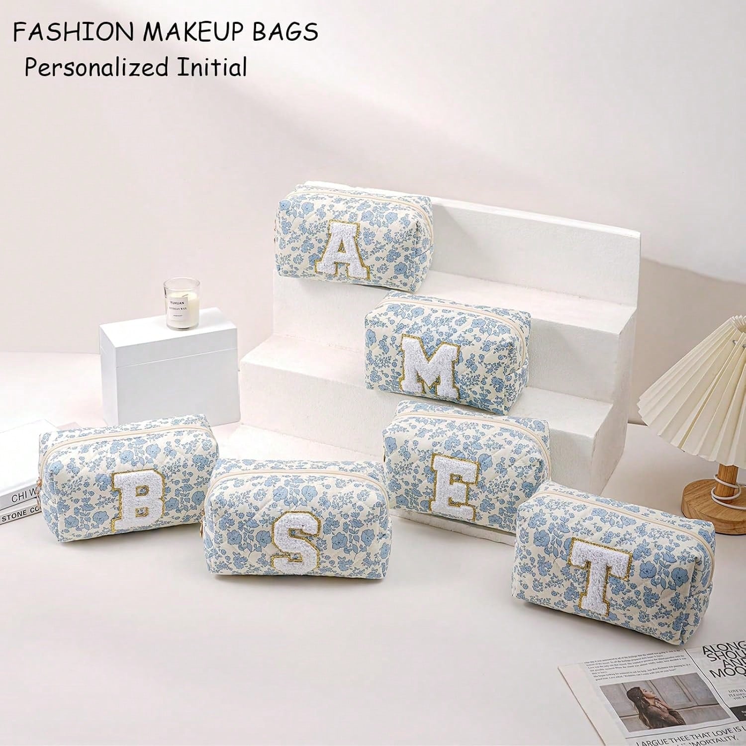 Gleyemor Personalized Initial Makeup Bag For Women, Cute Quilted Blue Floral Cotton Cosmetic Bag, Christmas Gifts For Her Mom Friend Sister Bridesmaid Teacher Women K
