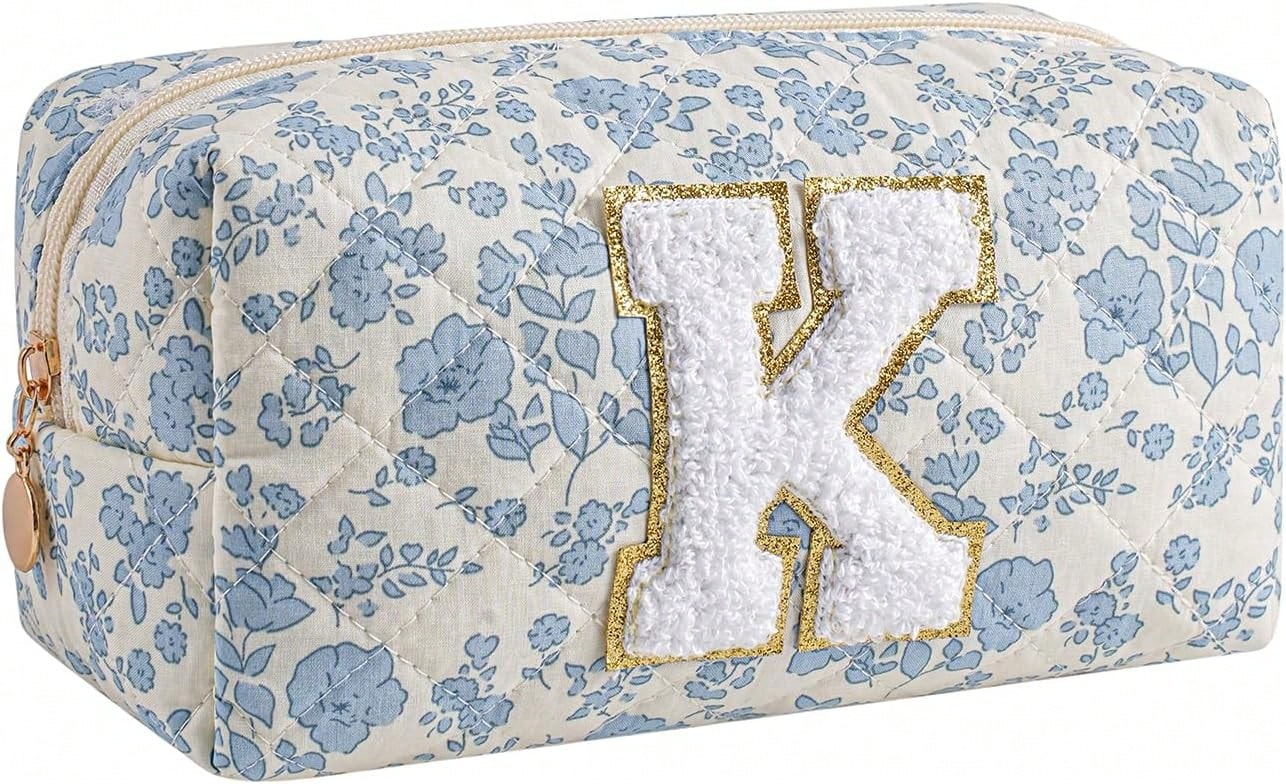 Gleyemor Personalized Initial Makeup Bag For Women, Cute Quilted Blue Floral Cotton Cosmetic Bag, Christmas Gifts For Her Mom Friend Sister Bridesmaid Teacher Women K