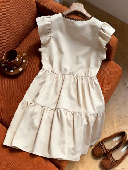 GlowEve Apricot Short A Line Dress With V Neck Flounce Sleeve And Ruffle Hem Casual Woven Fabric