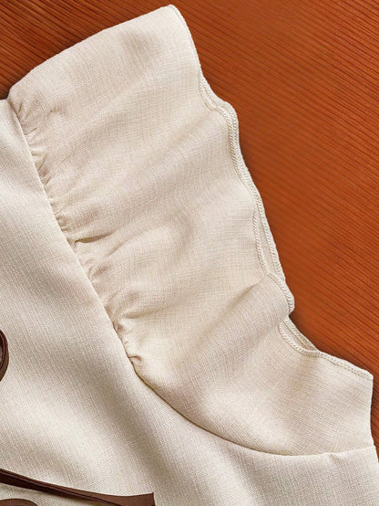 GlowEve Apricot Short A Line Dress With V Neck Flounce Sleeve And Ruffle Hem Casual Woven Fabric