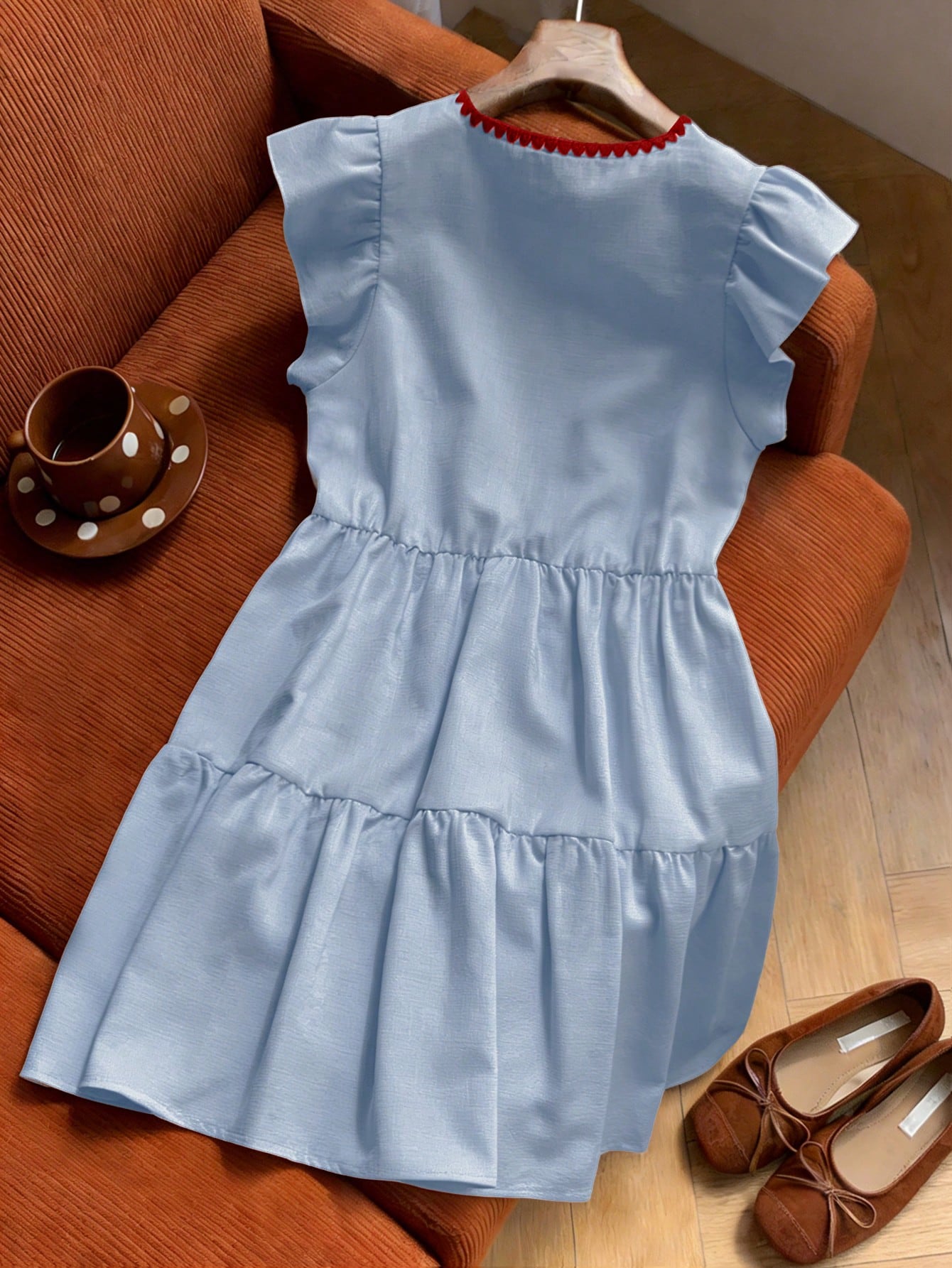 GlowEve Apricot Short A Line Dress With V Neck Flounce Sleeve And Ruffle Hem Casual Woven Fabric