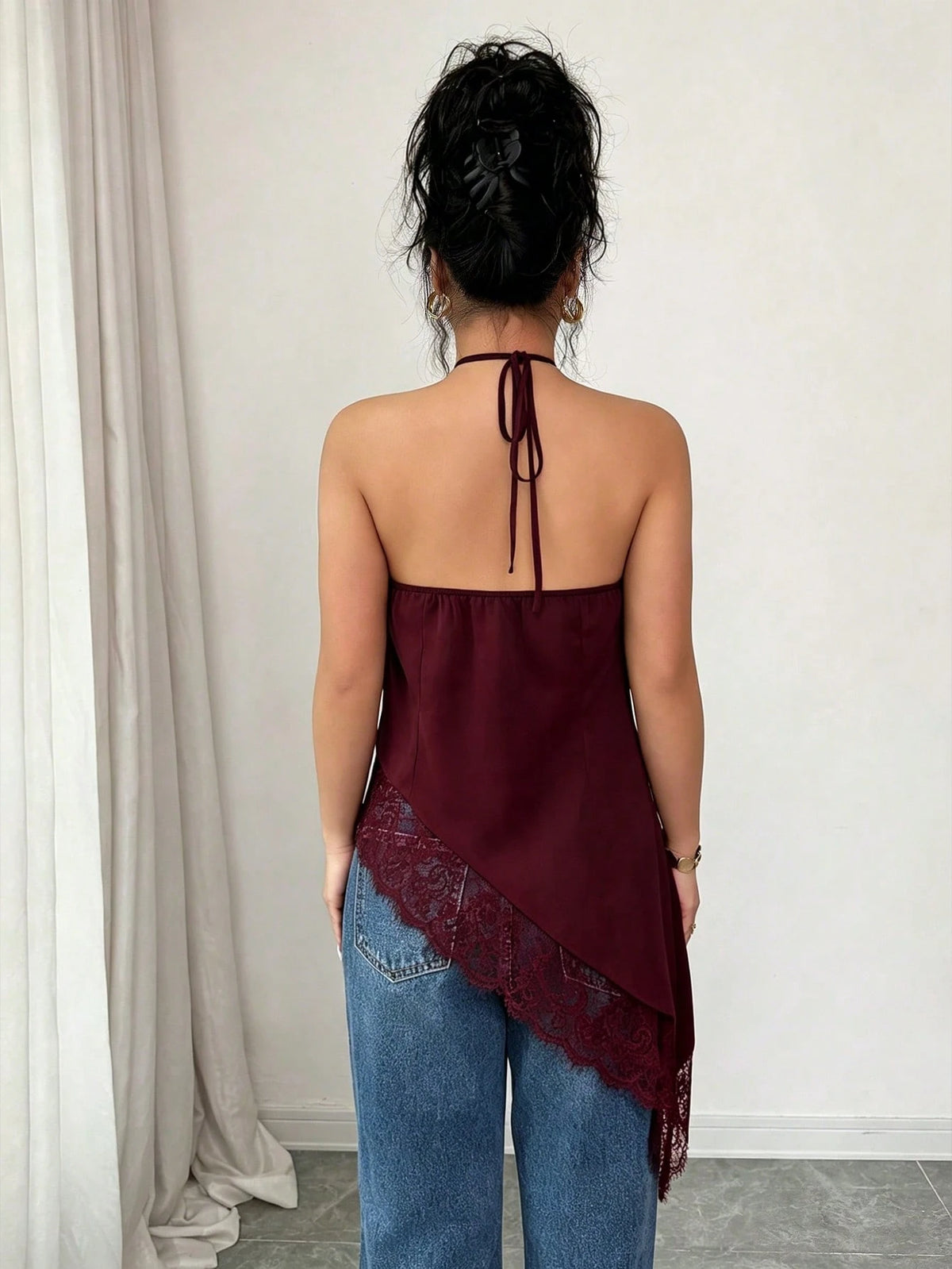 GlowEve Burgundy, Summer, Elegant, Party Night Women's Tie Halter Neck Top, Asymmetric Hem Lace Trim, Backless Top, Sleeveless Top, Beach