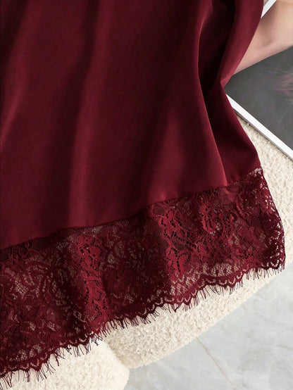 GlowEve Burgundy, Summer, Elegant, Party Night Women's Tie Halter Neck Top, Asymmetric Hem Lace Trim, Backless Top, Sleeveless Top, Beach