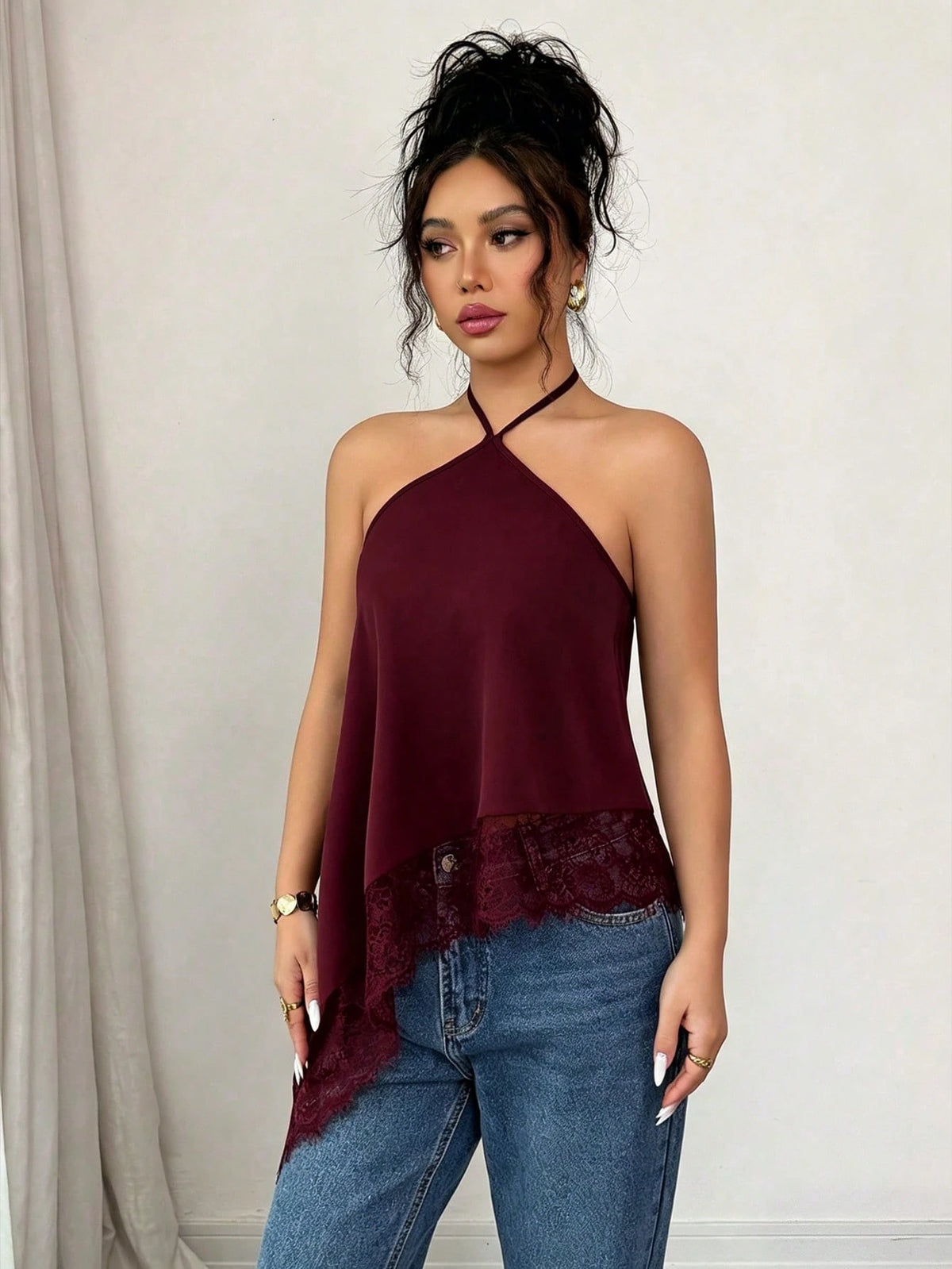 GlowEve Burgundy, Summer, Elegant, Party Night Women's Tie Halter Neck Top, Asymmetric Hem Lace Trim, Backless Top, Sleeveless Top, Beach