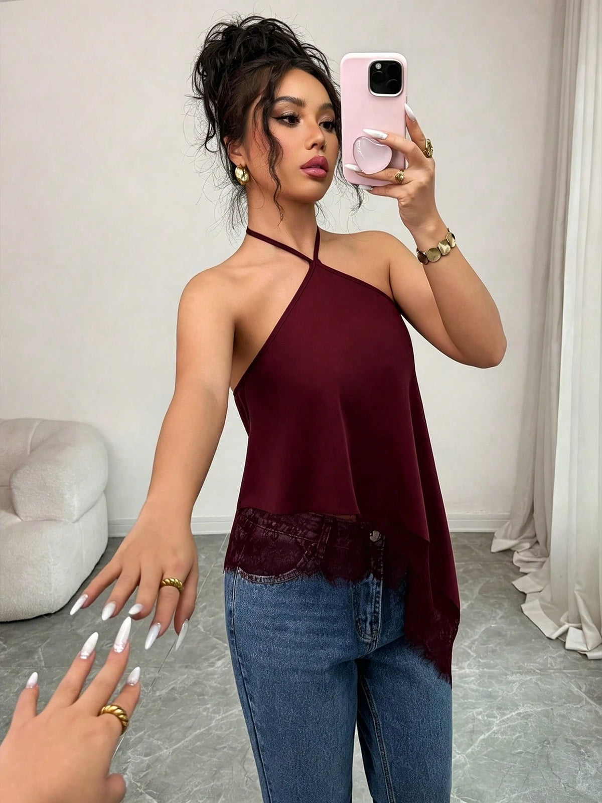 GlowEve Burgundy, Summer, Elegant, Party Night Women's Tie Halter Neck Top, Asymmetric Hem Lace Trim, Backless Top, Sleeveless Top, Beach