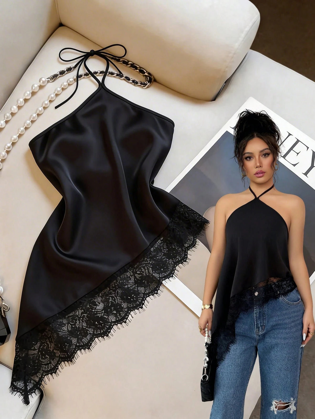 GlowEve Burgundy, Summer, Elegant, Party Night Women's Tie Halter Neck Top, Asymmetric Hem Lace Trim, Backless Top, Sleeveless Top, Beach