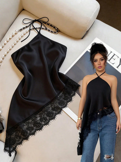 GlowEve Burgundy, Summer, Elegant, Party Night Women's Tie Halter Neck Top, Asymmetric Hem Lace Trim, Backless Top, Sleeveless Top, Beach