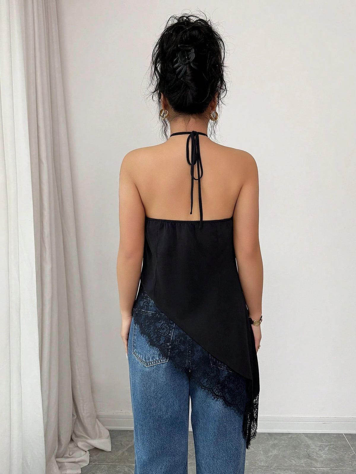 GlowEve Burgundy, Summer, Elegant, Party Night Women's Tie Halter Neck Top, Asymmetric Hem Lace Trim, Backless Top, Sleeveless Top, Beach