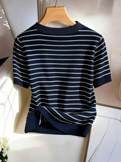 GlowEve CURVE Plus Size Women's Summer T-Shirt, Casual Beach Business Office Vacation Striped V-Neck Short Sleeve Top