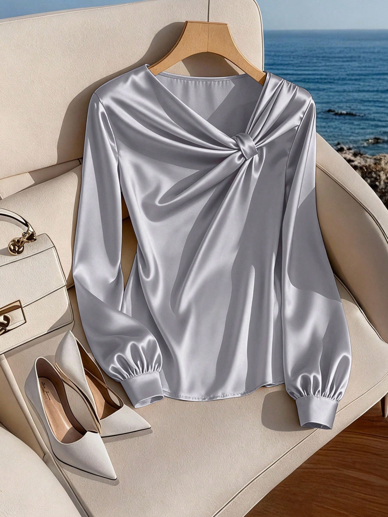 GlowEve CURVE Plus Size Women Satin Asymmetric Collar Glossy Blouse, Elegant For Party, Afternoon Tea, Commute, Apricot Long Sleeve Shirt Fall