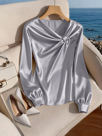 GlowEve CURVE Plus Size Women Satin Asymmetric Collar Glossy Blouse, Elegant For Party, Afternoon Tea, Commute, Apricot Long Sleeve Shirt Fall