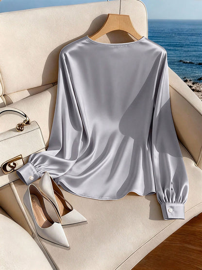 GlowEve CURVE Plus Size Women Satin Asymmetric Collar Glossy Blouse, Elegant For Party, Afternoon Tea, Commute, Apricot Long Sleeve Shirt Fall
