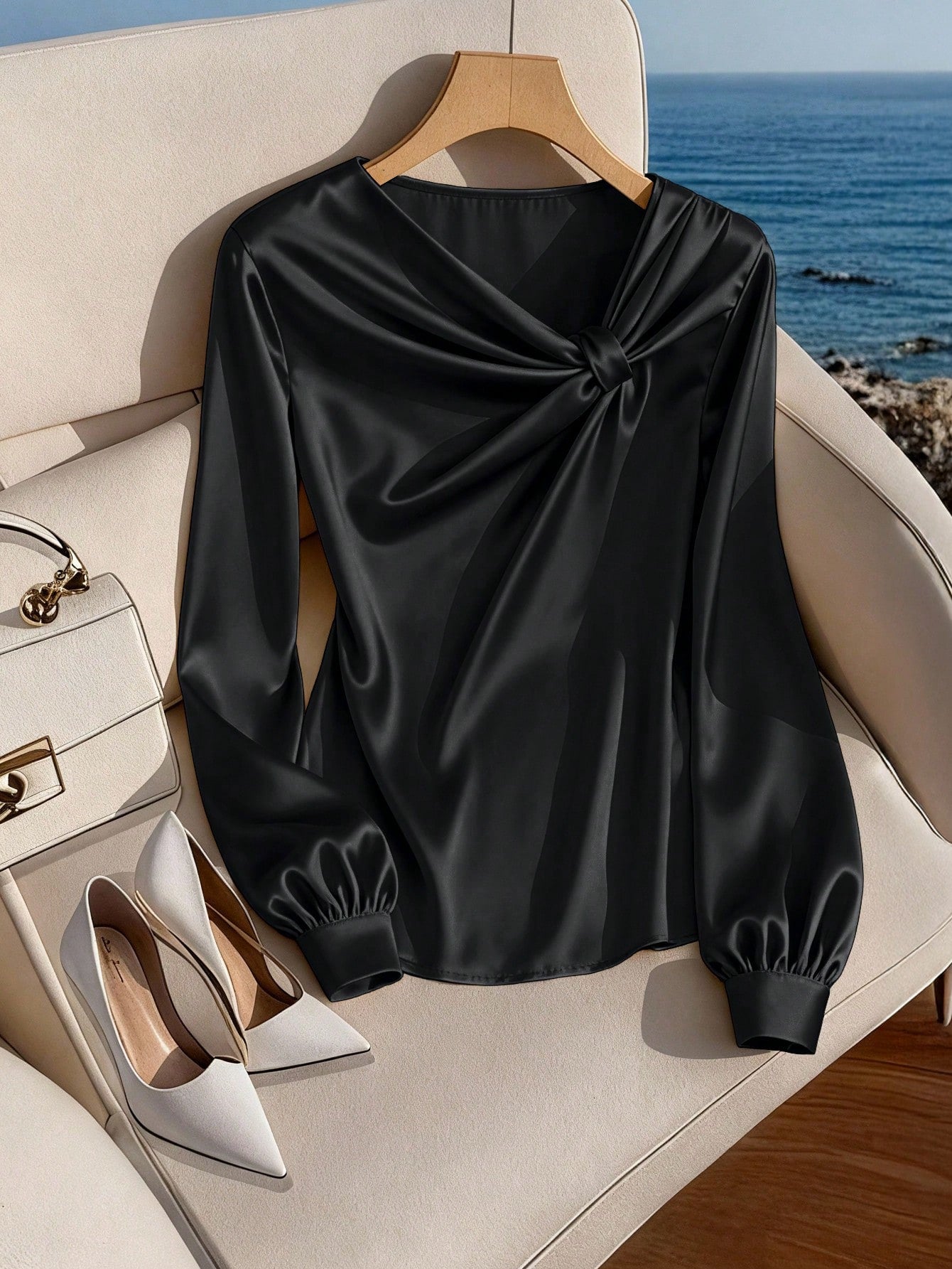 GlowEve CURVE Plus Size Women Satin Asymmetric Collar Glossy Blouse, Elegant For Party, Afternoon Tea, Commute, Apricot Long Sleeve Shirt Fall
