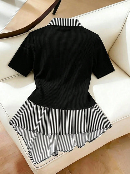 GlowEve CURVE Plus Size Women Striped Patchwork Short Sleeve Casual Top, Summer