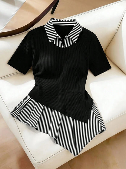 GlowEve CURVE Plus Size Women Striped Patchwork Short Sleeve Casual Top, Summer