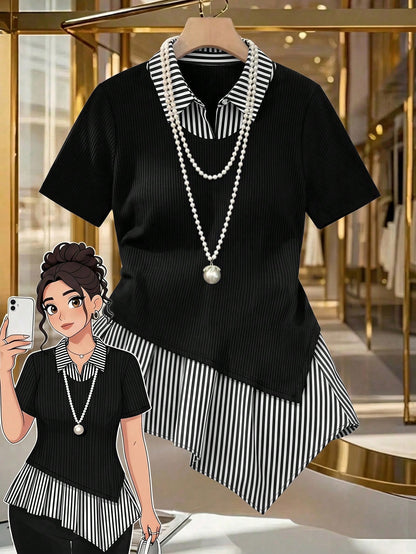 GlowEve CURVE Plus Size Women Striped Patchwork Short Sleeve Casual Top, Summer
