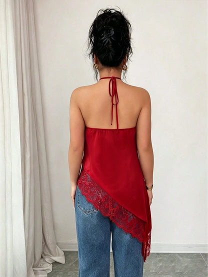 GlowEve Summer New Women's Tank Top, Black Tank Top, Halter Neck Tie, Asymmetrical Hem Lace Trim, Sexy Women's Tank Top, Gorgeous Lace Decor Backless Fitted Tank Top, Sexy Sleeveless Top, Suitable For