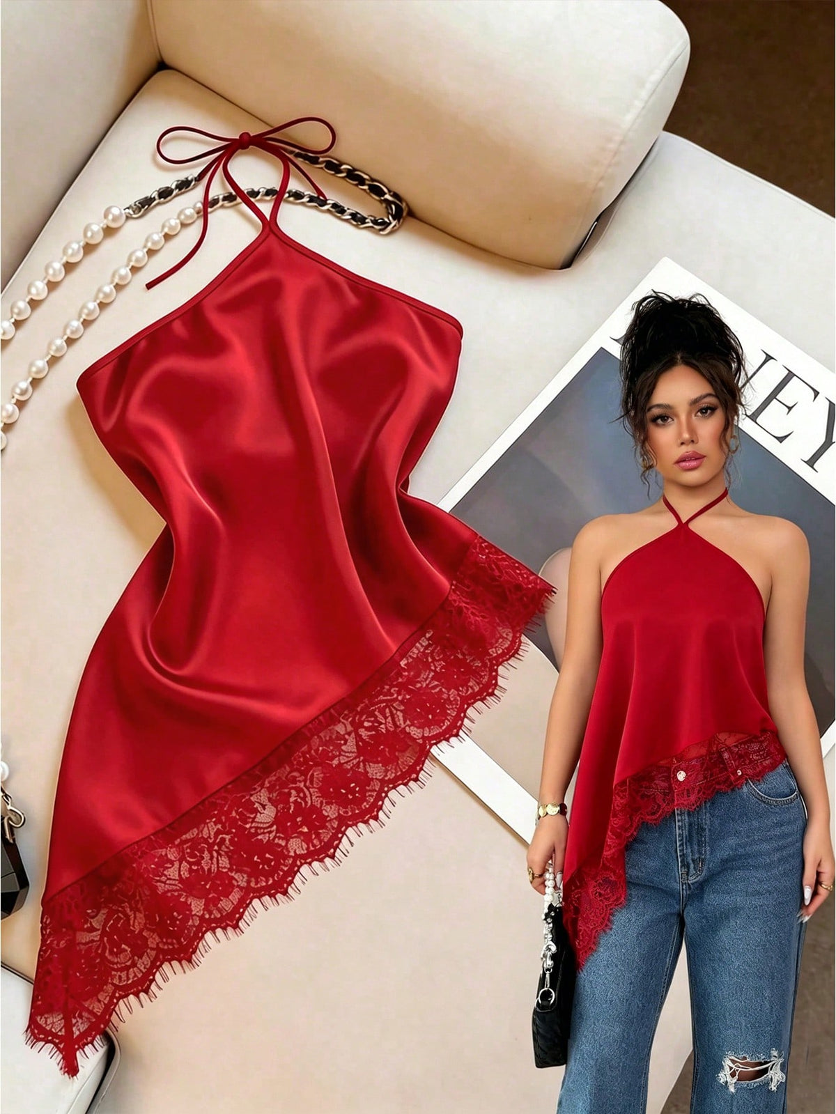 GlowEve Summer New Women's Tank Top, Black Tank Top, Halter Neck Tie, Asymmetrical Hem Lace Trim, Sexy Women's Tank Top, Gorgeous Lace Decor Backless Fitted Tank Top, Sexy Sleeveless Top, Suitable For