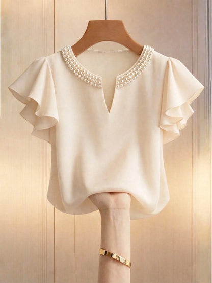 GlowEve Women's Casual Faux Pearl Decorated Blouse, Versatile For Daily Wear