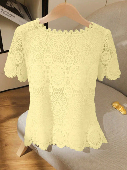 GlowEve Women's Crochet Lace Fashionable Elegant Slimming Design Square Neck Short Sleeve Blouse