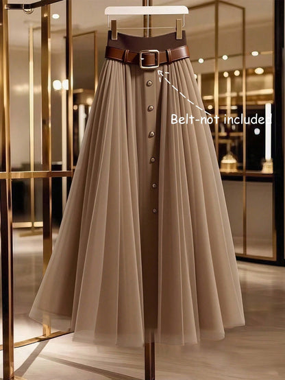 GlowEve Women's Elegant Mesh Patchwork Button Decor Casual Commuter Skirt Fall Cloth For Women