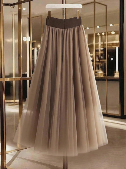 GlowEve Women's Elegant Mesh Patchwork Button Decor Casual Commuter Skirt Fall Cloth For Women
