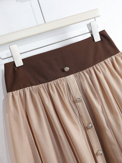 GlowEve Women's Elegant Mesh Patchwork Button Decor Casual Commuter Skirt Fall Cloth For Women