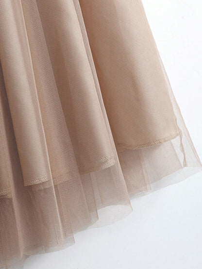 GlowEve Women's Elegant Mesh Patchwork Button Decor Casual Commuter Skirt Fall Cloth For Women