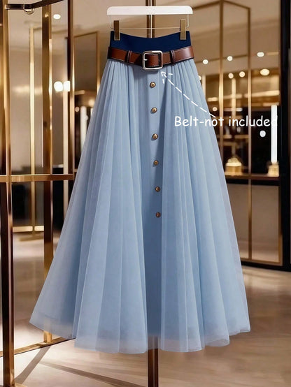 GlowEve Women's Elegant Mesh Patchwork Button Decor Casual Commuter Skirt Fall Cloth For Women