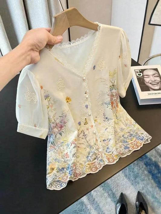 GlowEve Women's Embroidered V-Neck Short Sleeve Blouse, Summer