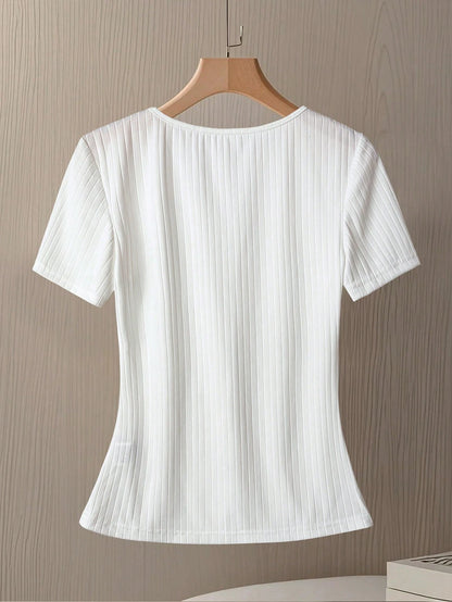 GlowEve Women's Plain V-Neck Short Sleeve Single-Breasted Casual T-Shirt, Summer