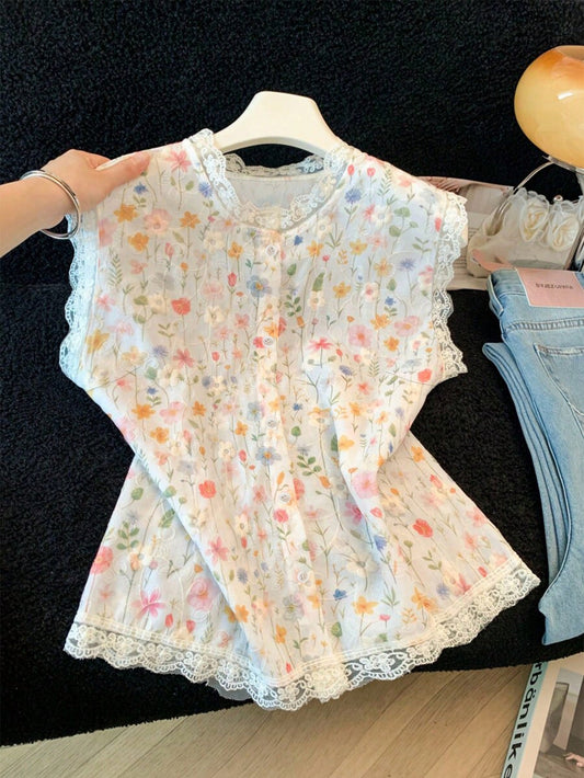 GlowEve Women's Summer Casual Floral Print Lace Trim Sleeveless Blouse