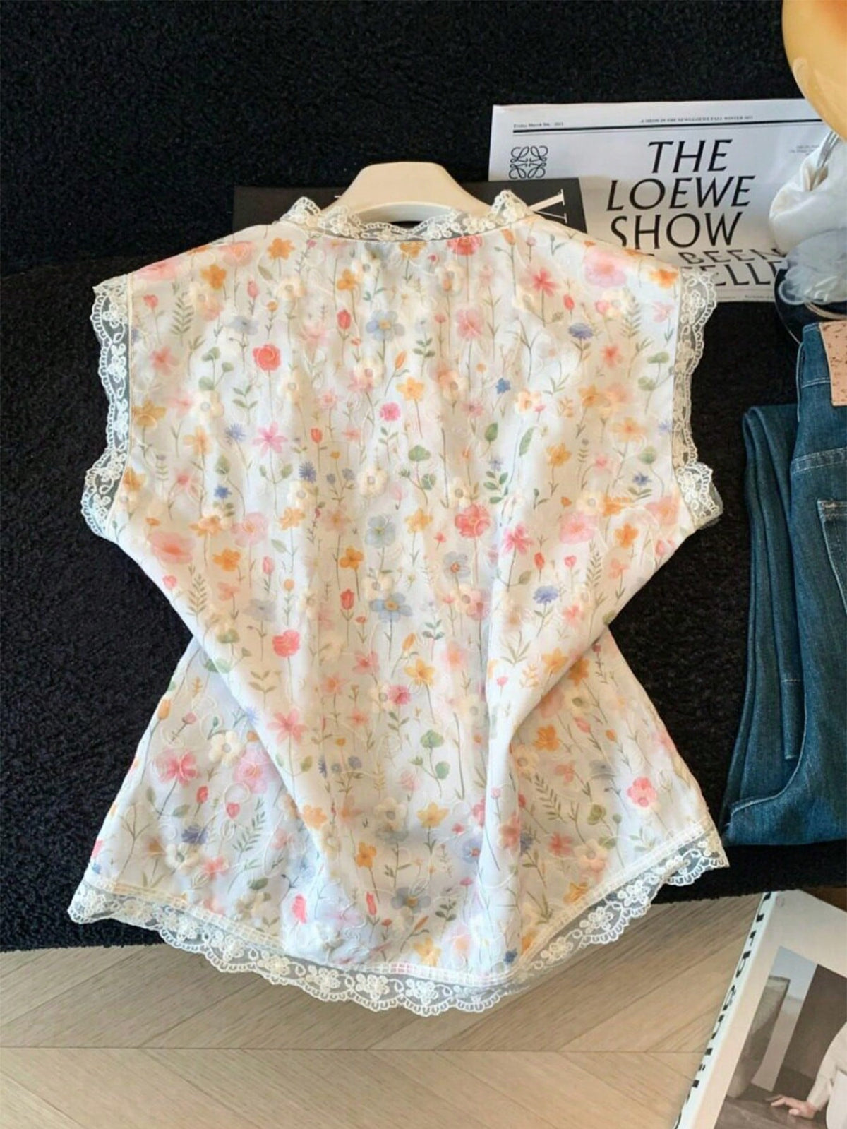 GlowEve Women's Summer Casual Floral Print Lace Trim Sleeveless Blouse