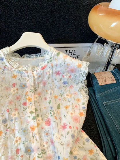 GlowEve Women's Summer Casual Floral Print Lace Trim Sleeveless Blouse