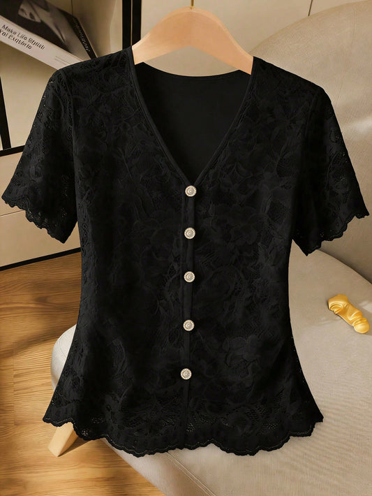 GlowEve Women's V-Neck Lace Trim Blouse