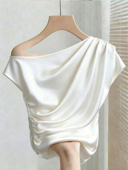 GlowEve Women's White Summer Elegant Brunch Smooth Fabric Oblique Off Shoulder Ruched Design Blouse,Birthday Gift,Date,Party,Valentine's Day,Cocktail Party