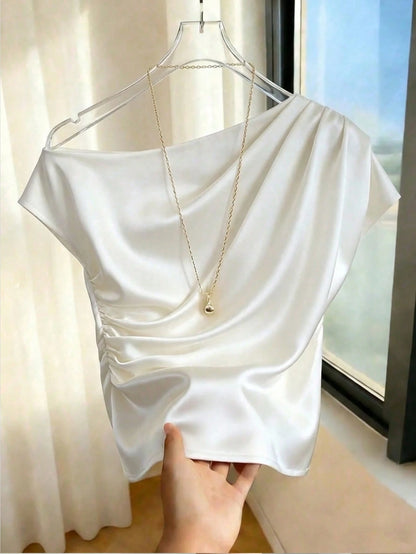 GlowEve Women's White Summer Elegant Brunch Smooth Fabric Oblique Off Shoulder Ruched Design Blouse,Birthday Gift,Date,Party,Valentine's Day,Cocktail Party