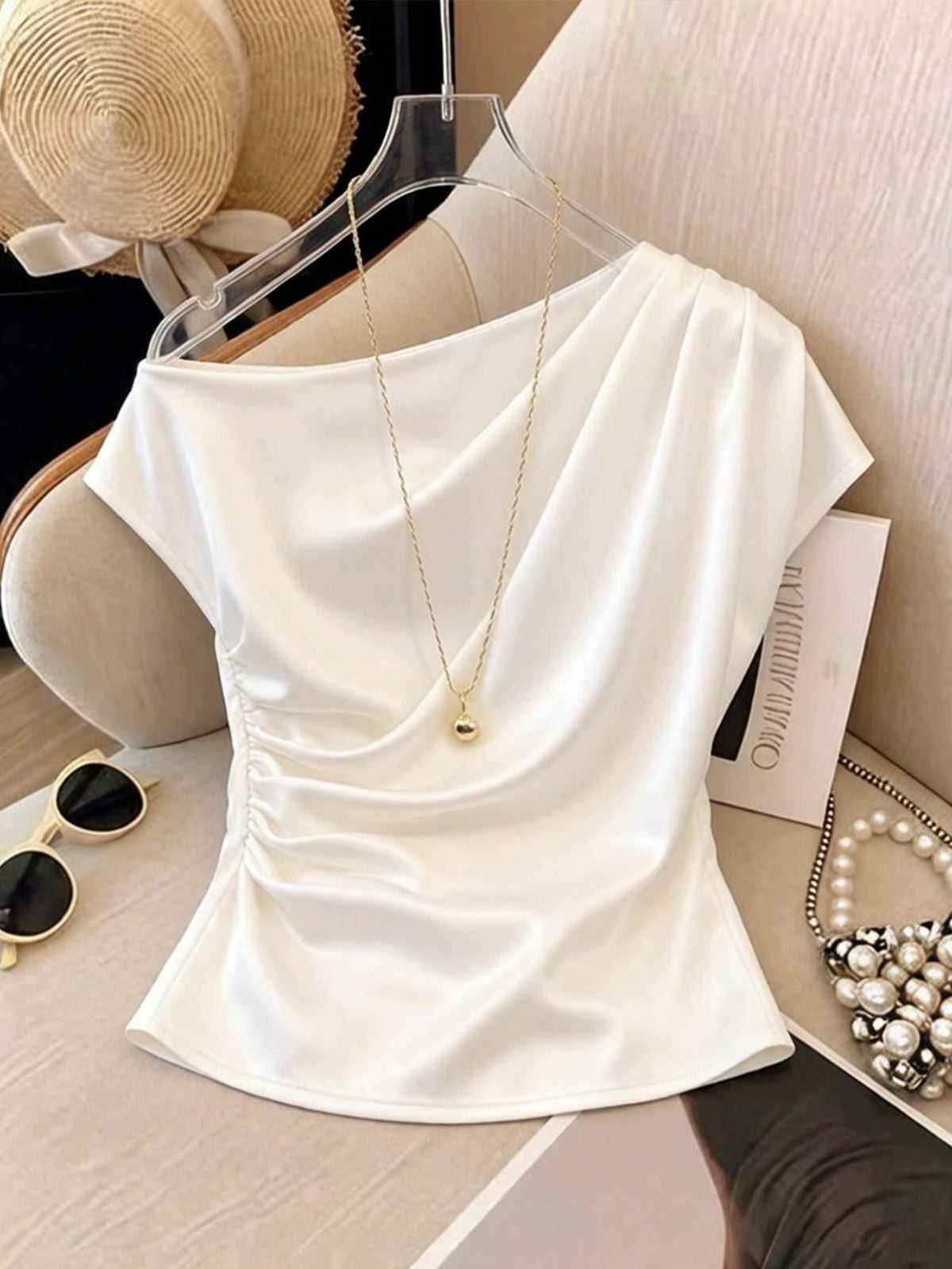 GlowEve Women's White Summer Elegant Brunch Smooth Fabric Oblique Off Shoulder Ruched Design Blouse,Birthday Gift,Date,Party,Valentine's Day,Cocktail Party
