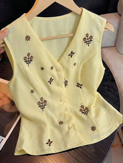 GlowEve Women's Yellow Summer Elegant Tea Party Linen-Look Embroidered V-Neck Button-Down Sleeveless Shirt,Vintage Wedding Vacation Casual Commute
