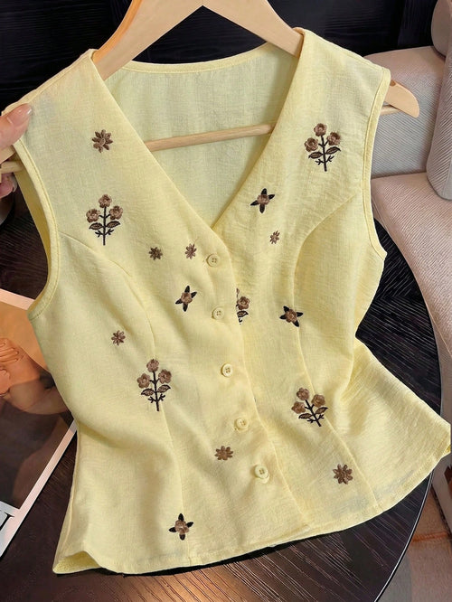 GlowEve Women's Yellow Summer Elegant Tea Party Linen-Look Embroidered V-Neck Button-Down Sleeveless Shirt,Vintage Wedding Vacation Casual Commute
