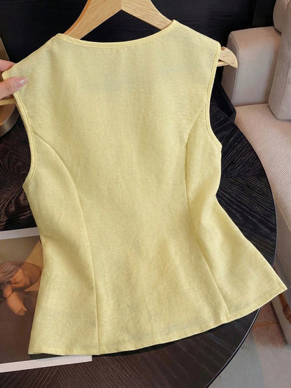GlowEve Women's Yellow Summer Elegant Tea Party Linen-Look Embroidered V-Neck Button-Down Sleeveless Shirt,Vintage Wedding Vacation Casual Commute