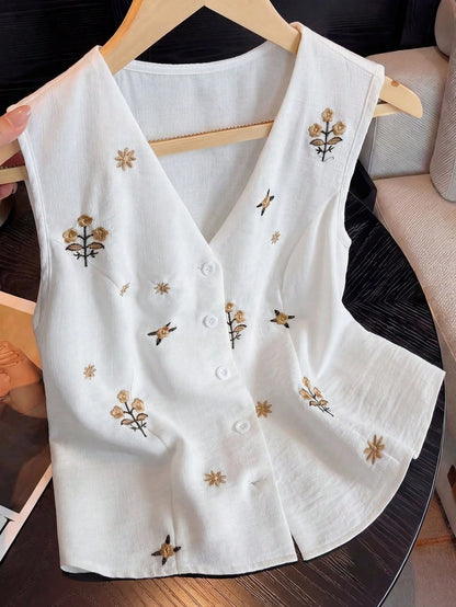 GlowEve Women's Yellow Summer Elegant Tea Party Linen-Look Embroidered V-Neck Button-Down Sleeveless Shirt,Vintage Wedding Vacation Casual Commute