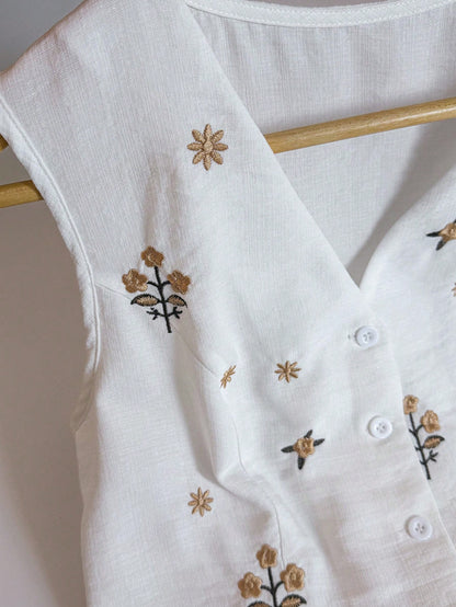 GlowEve Women's Yellow Summer Elegant Tea Party Linen-Look Embroidered V-Neck Button-Down Sleeveless Shirt,Vintage Wedding Vacation Casual Commute