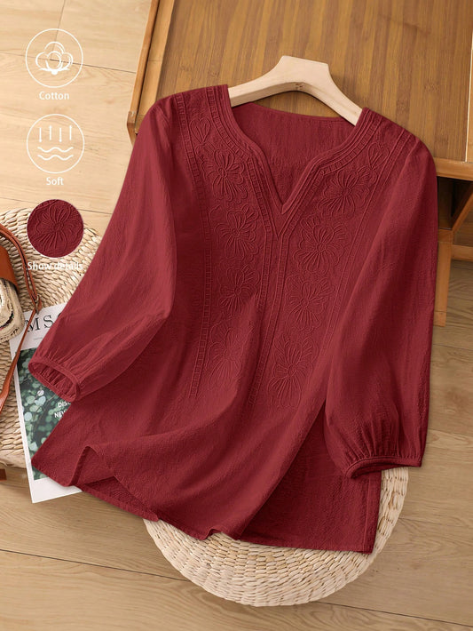 GlowEve Women V-Neck Embroidered Short Sleeve Blouse
